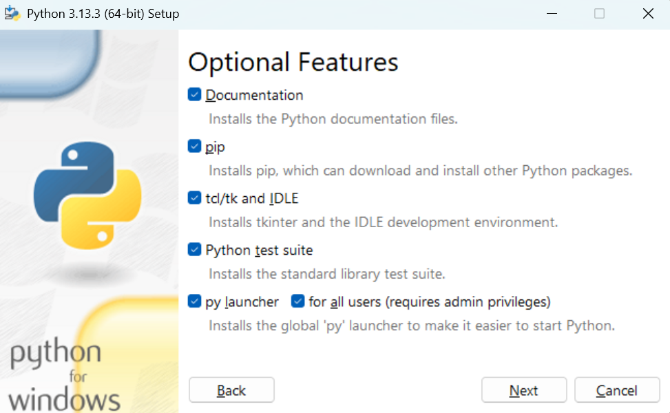 Python 3.13.3 Setup - Optional Features
