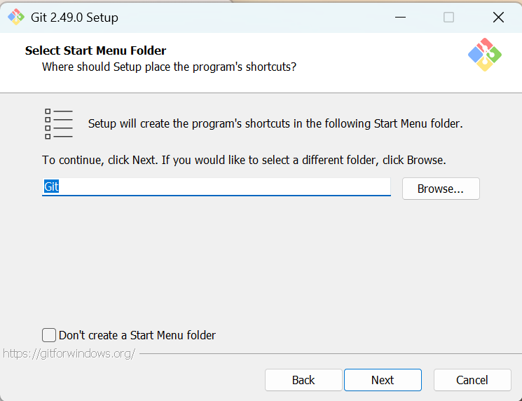 Git 2.49.0 Setup - Select Start Menu Folder