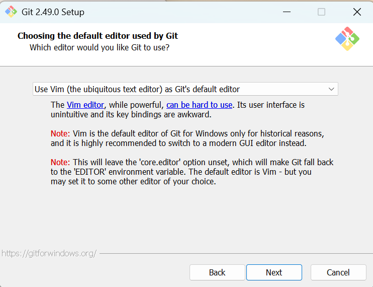 Git 2.49.0 Setup - Choosing the default editor used by Git