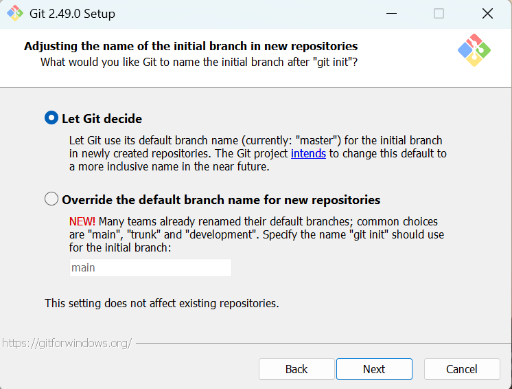 Git 2.49.0 Setup - Adjusting the name of the initial branch in new repositories